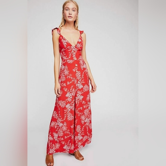 Free People Be The One Red Pink Floral Print Wide Leg Jumpsuit Size 4 - Picture 1 of 16